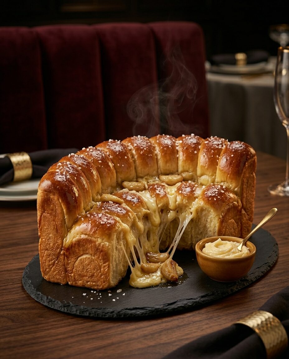 Booth's signature booth-shaped pull-apart milk bread with a molten cheese center and sea salt, steaming on a slate board