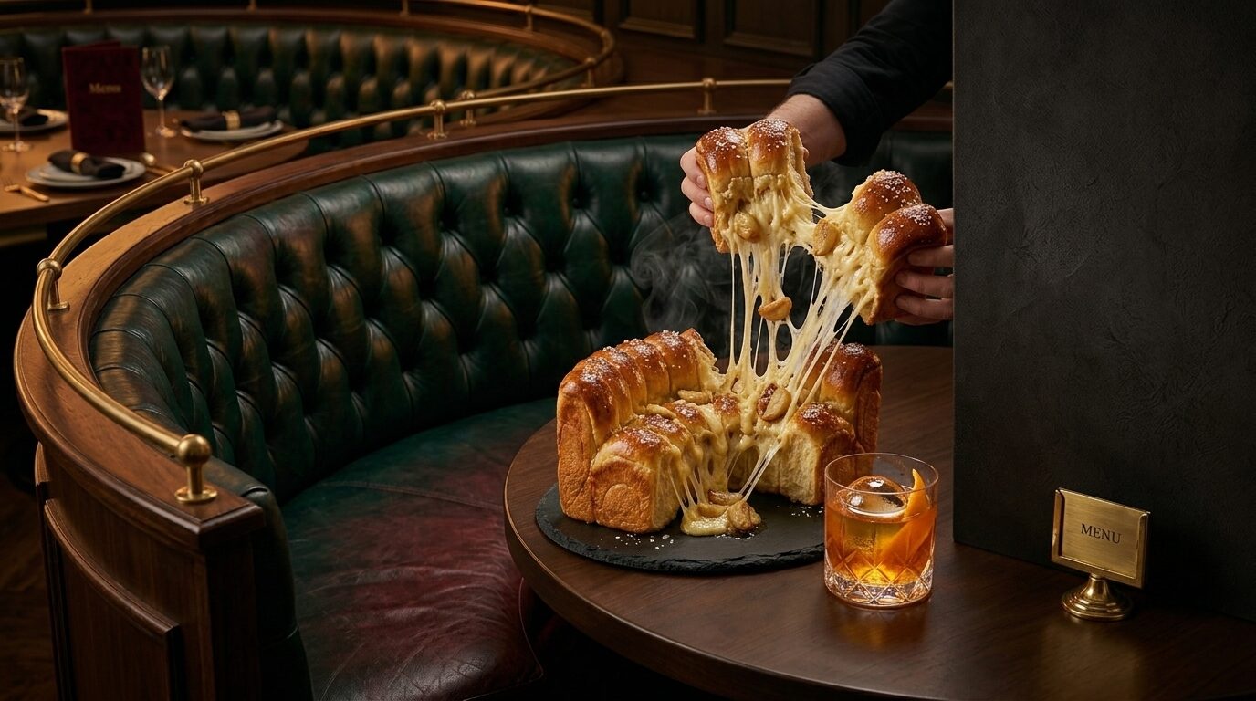 Hands lifting the booth bread into long strings of melted cheese inside a green curved booth