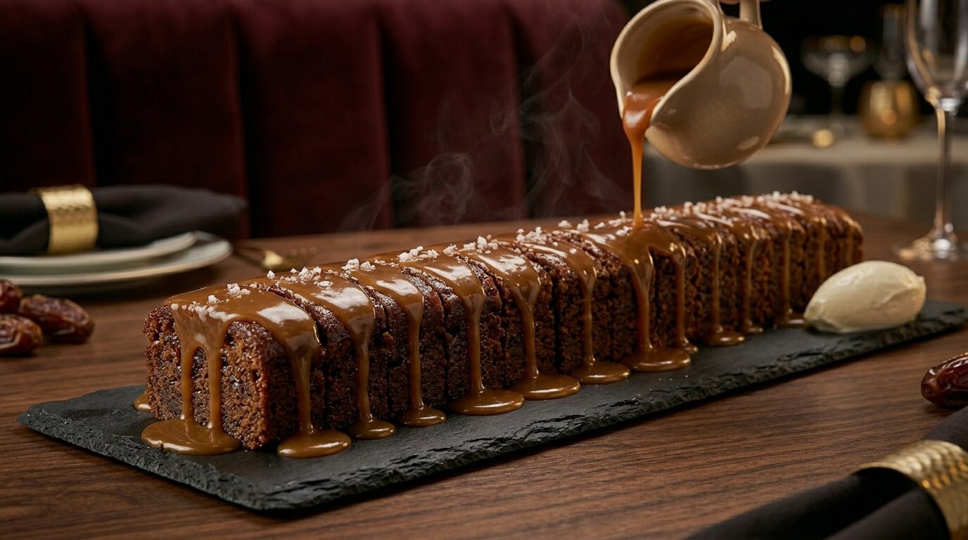 Family-style sticky pudding cake served as a strip across the table with salted caramel poured over the top