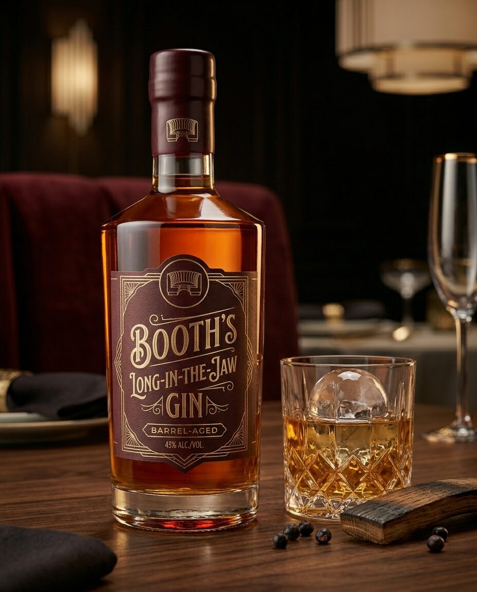Booth's Long-in-the-Jaw barrel-aged gin in a vintage burgundy-and-gold label beside a crystal rocks glass