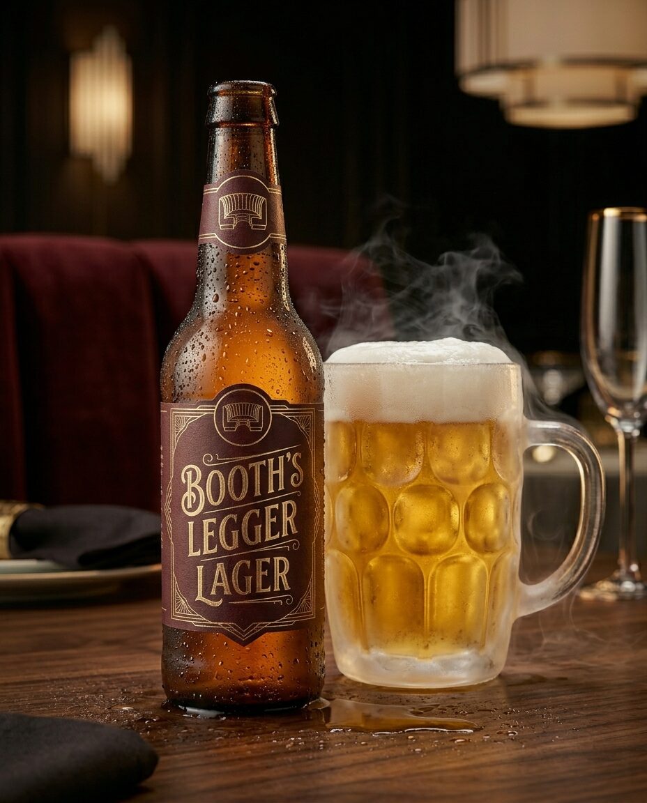 Booth's Legger Lager bottle beside a frosted mug with a cold-smoking head