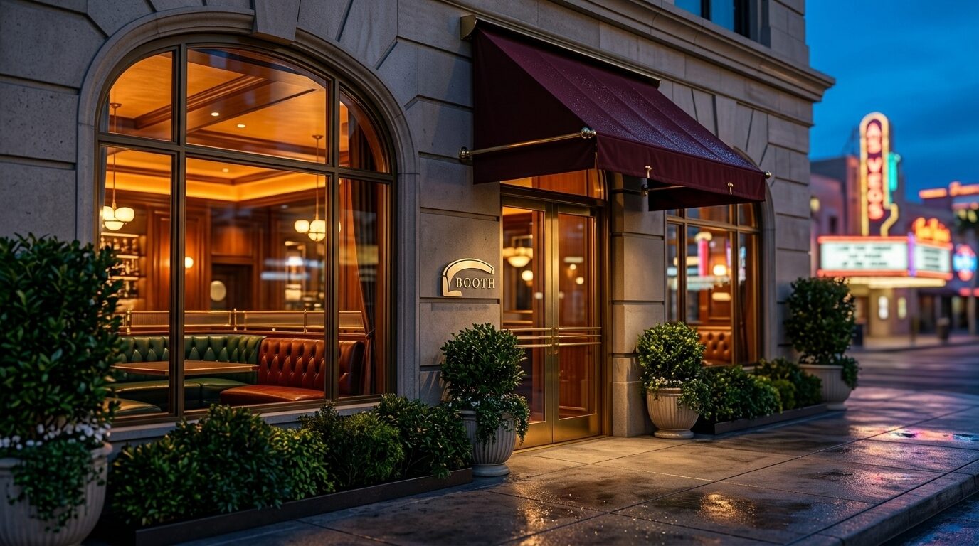 Booth's exterior at dusk — a burgundy awning and amber-lit arched window glowing against the Las Vegas night
