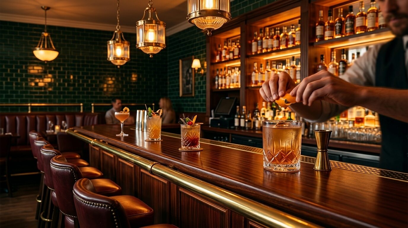 Booth's bar — an emerald tiled wall, brass rail and dark walnut bar where a bartender expresses citrus over an old fashioned